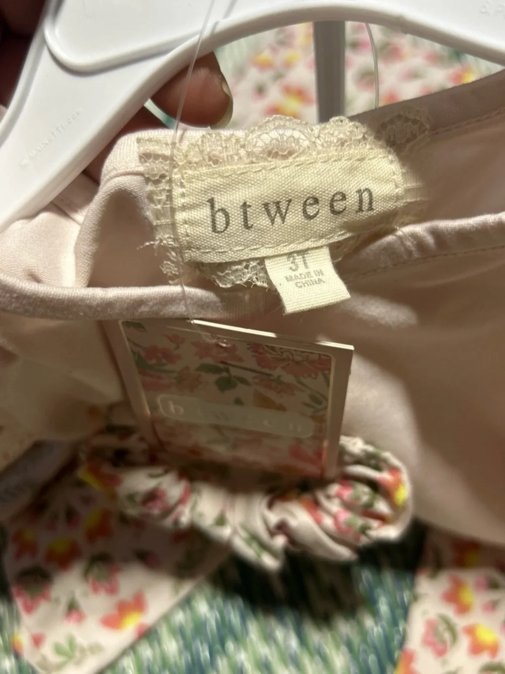 btween Cream Eyelet Sleeve Top with Floral Pajama Pants and Scrunchie